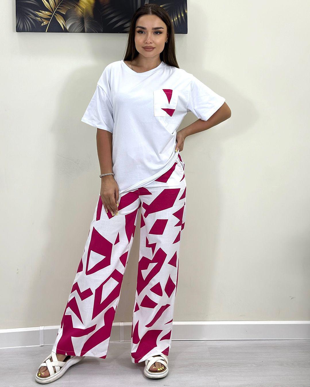 White short-sleeve T-shirt with patch pocket and red-and-white wide-leg pants