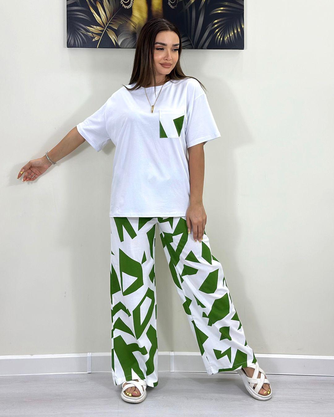 White short-sleeve T-shirt with patch pocket and green-and-white wide-leg pants