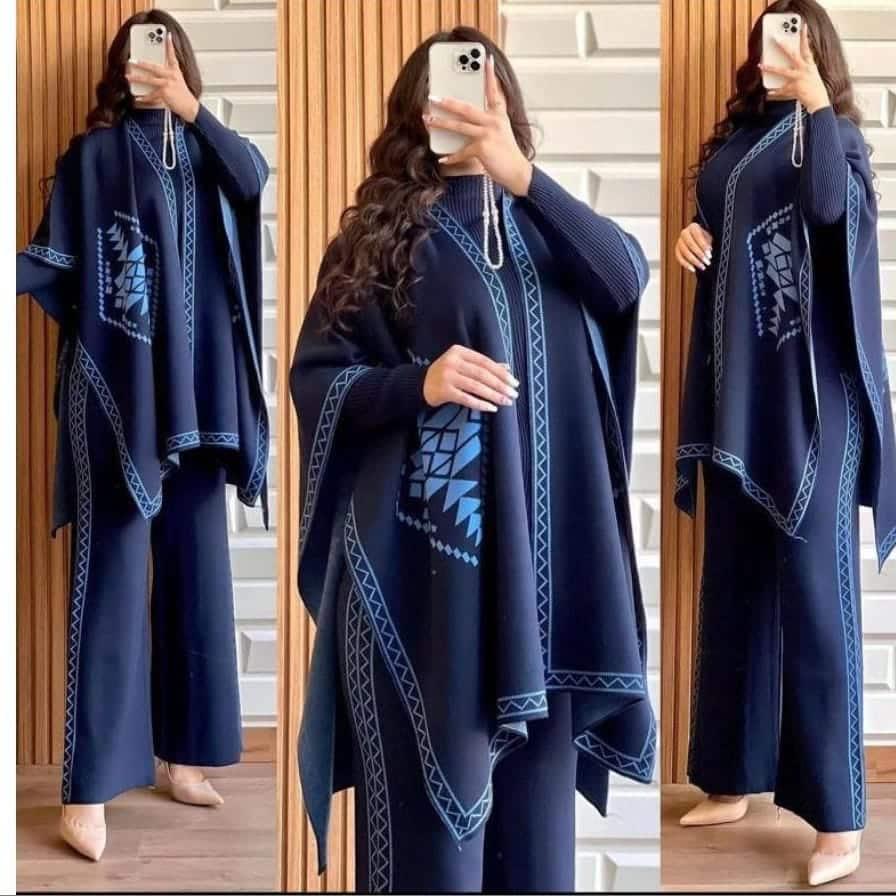 Navy fleece 3-piece set: cape shawl, high-neck top, wide-leg trousers