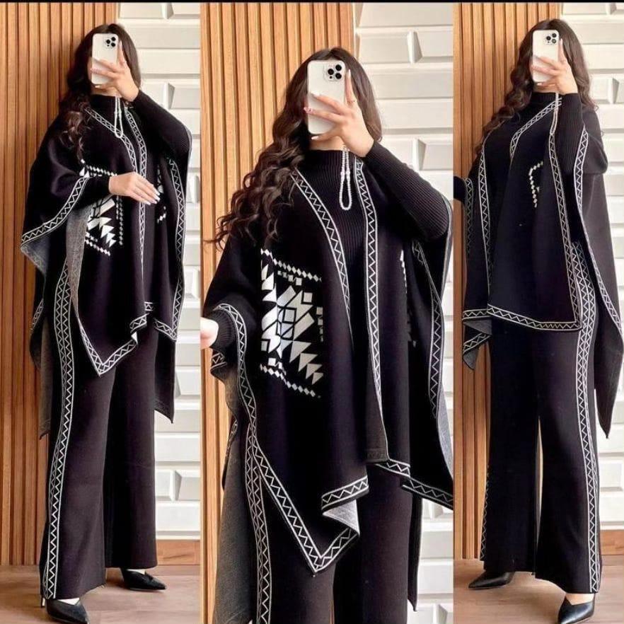 Black fleece 3-piece set with cape shawl, high-neck top and wide-leg trousers