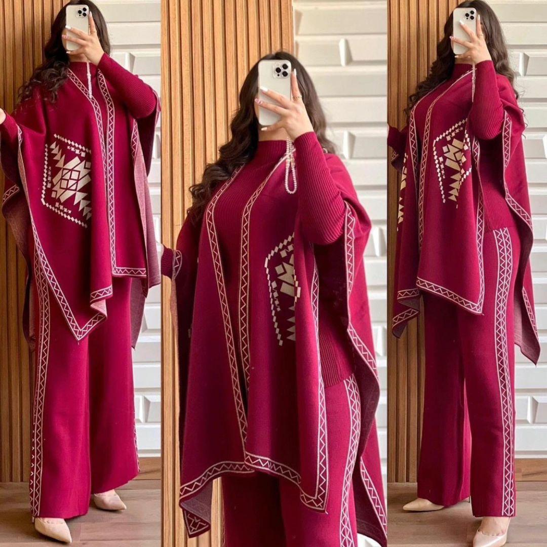 Maroon fleece 3-piece set with cape shawl, high-neck top and wide-leg trousers