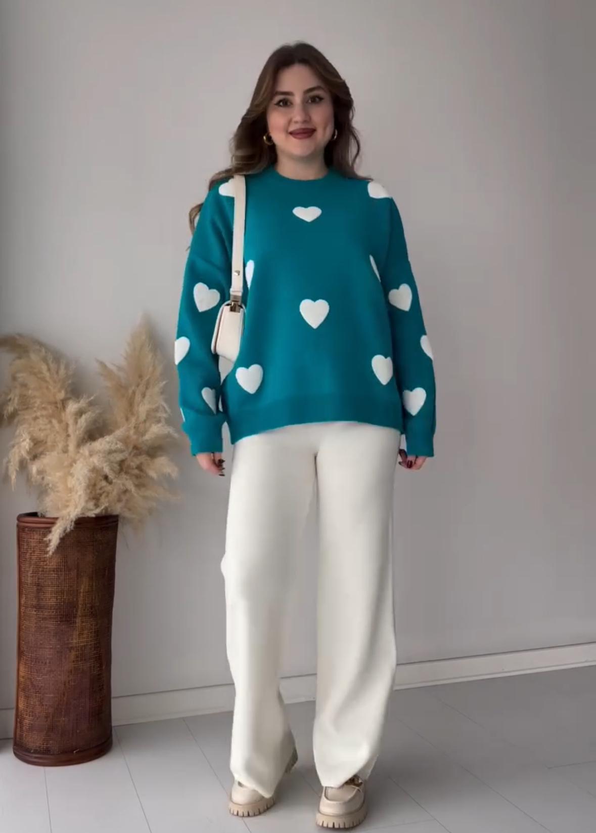 Heart printed co-ord set in teal with long-sleeve sweatshirt and matching wide-leg pants