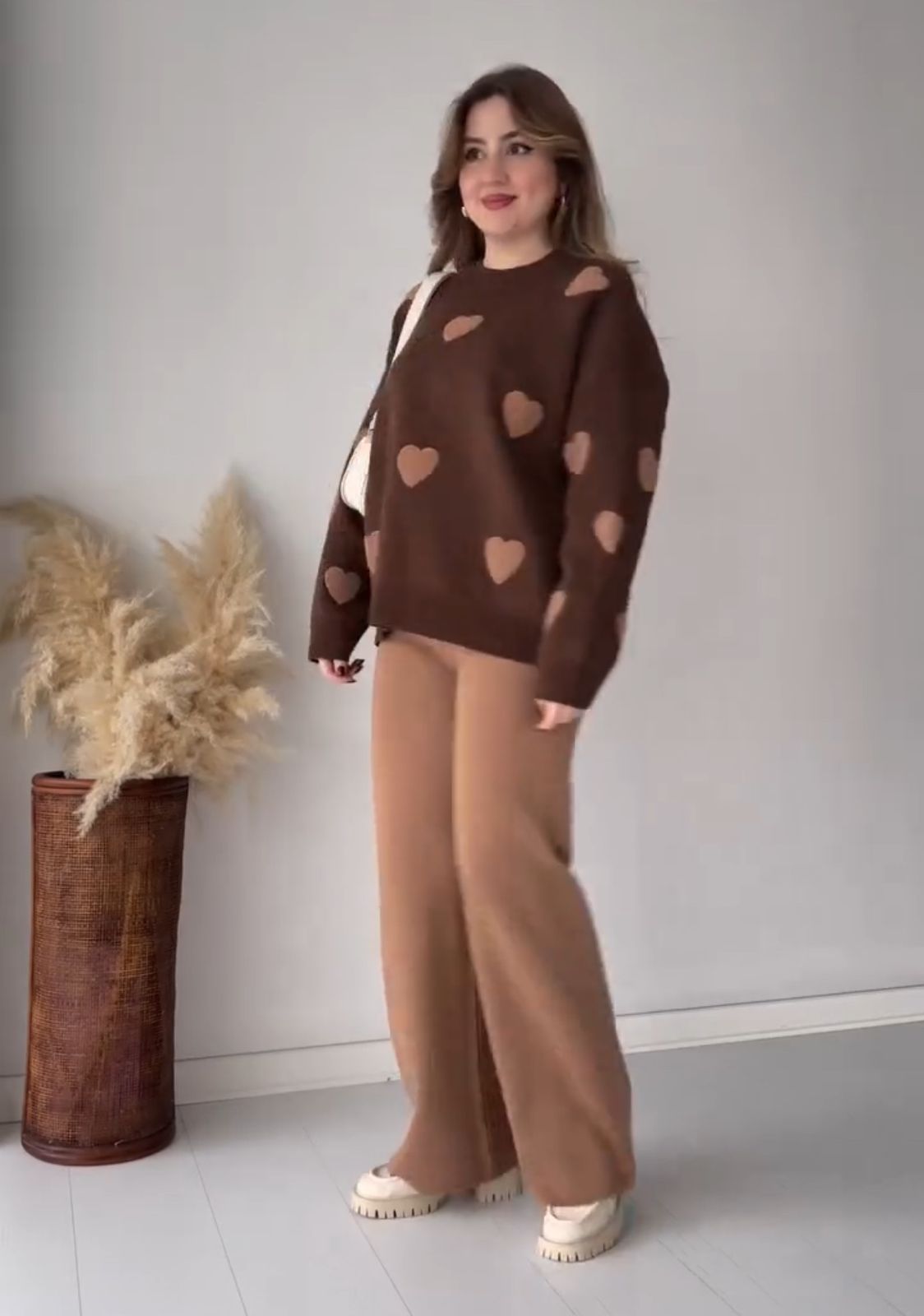 Heart printed co-ord set in dark brown with long-sleeve sweatshirt and matching wide-leg pants