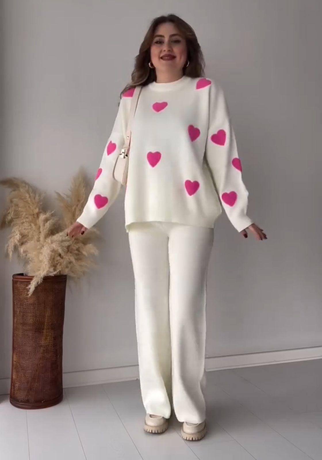 Heart printed co-ord set in cream with long-sleeve sweatshirt and matching pants