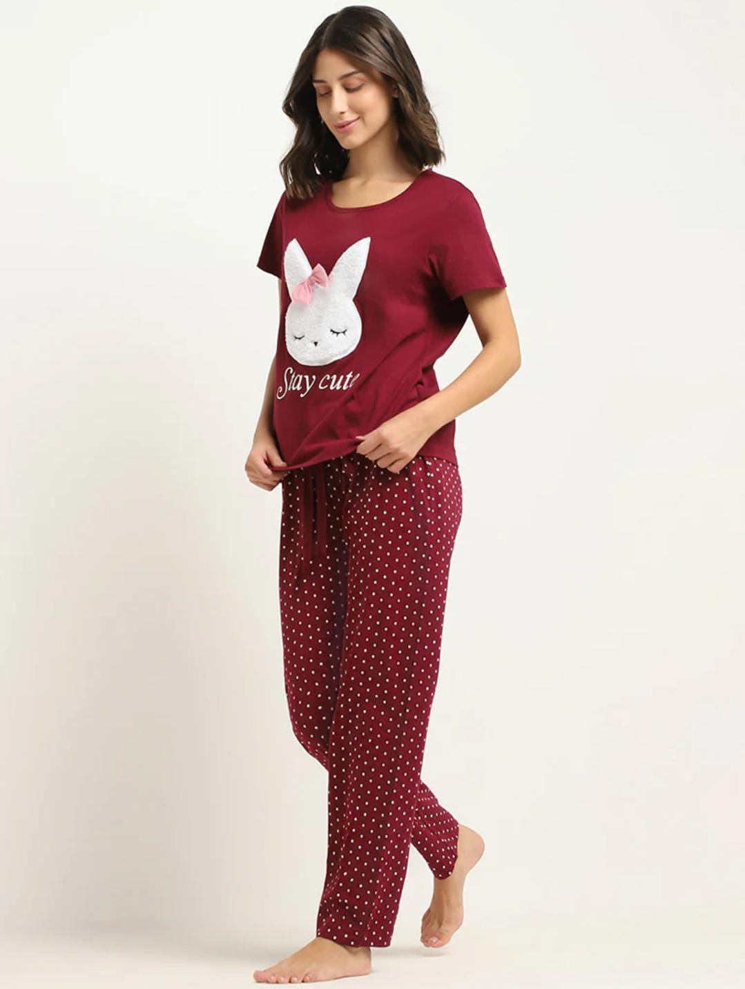 Maroon printed pajama set with short-sleeve tee and bunny graphic; matching patterned pants