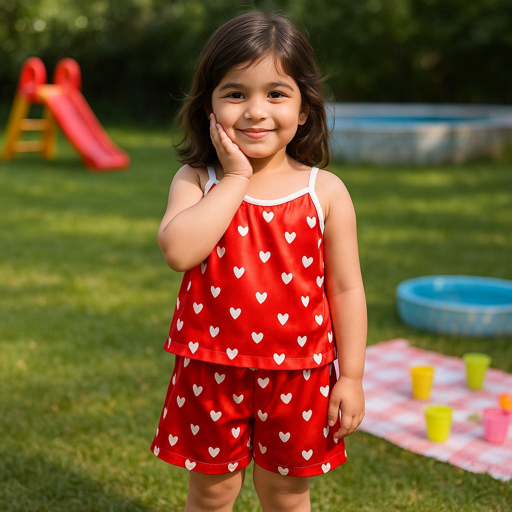 Kids short set with red heart print tank top and matching shorts