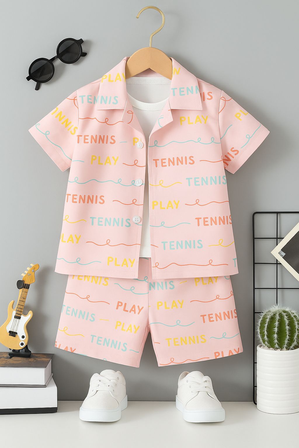 Baby boy tennis short set, pastel pink printed top and matching shorts