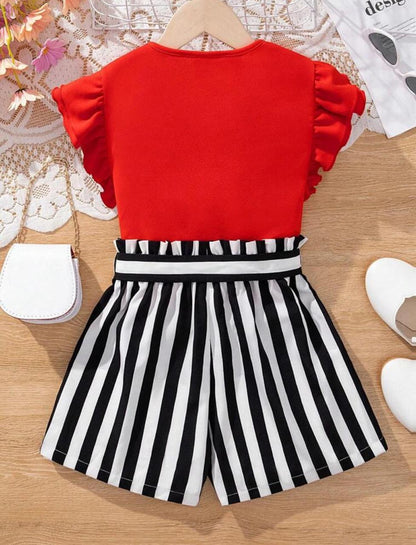 Baby girl red romper set, back view with black striped shorts and waist bow