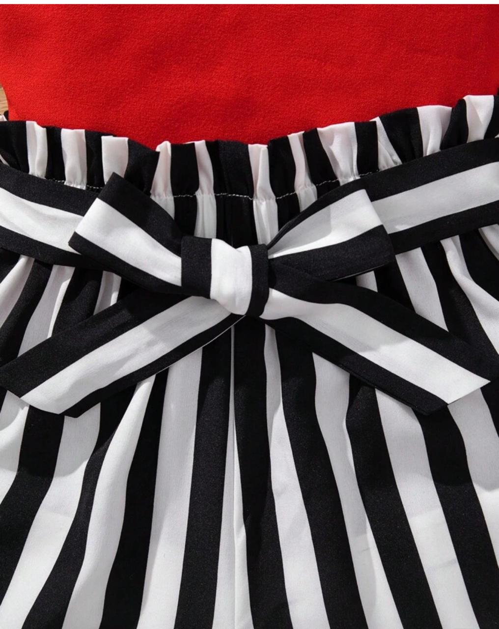 Baby girl romper waist bow with black and white striped fabric bands