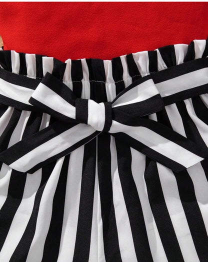 Baby girl romper waist bow with black and white striped fabric bands