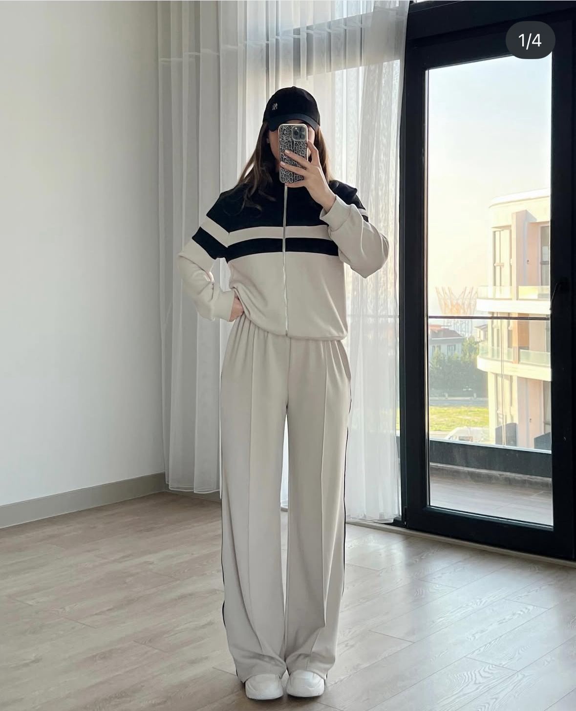 Zip-up track jacket and wide-leg pants set with striped color-blocking