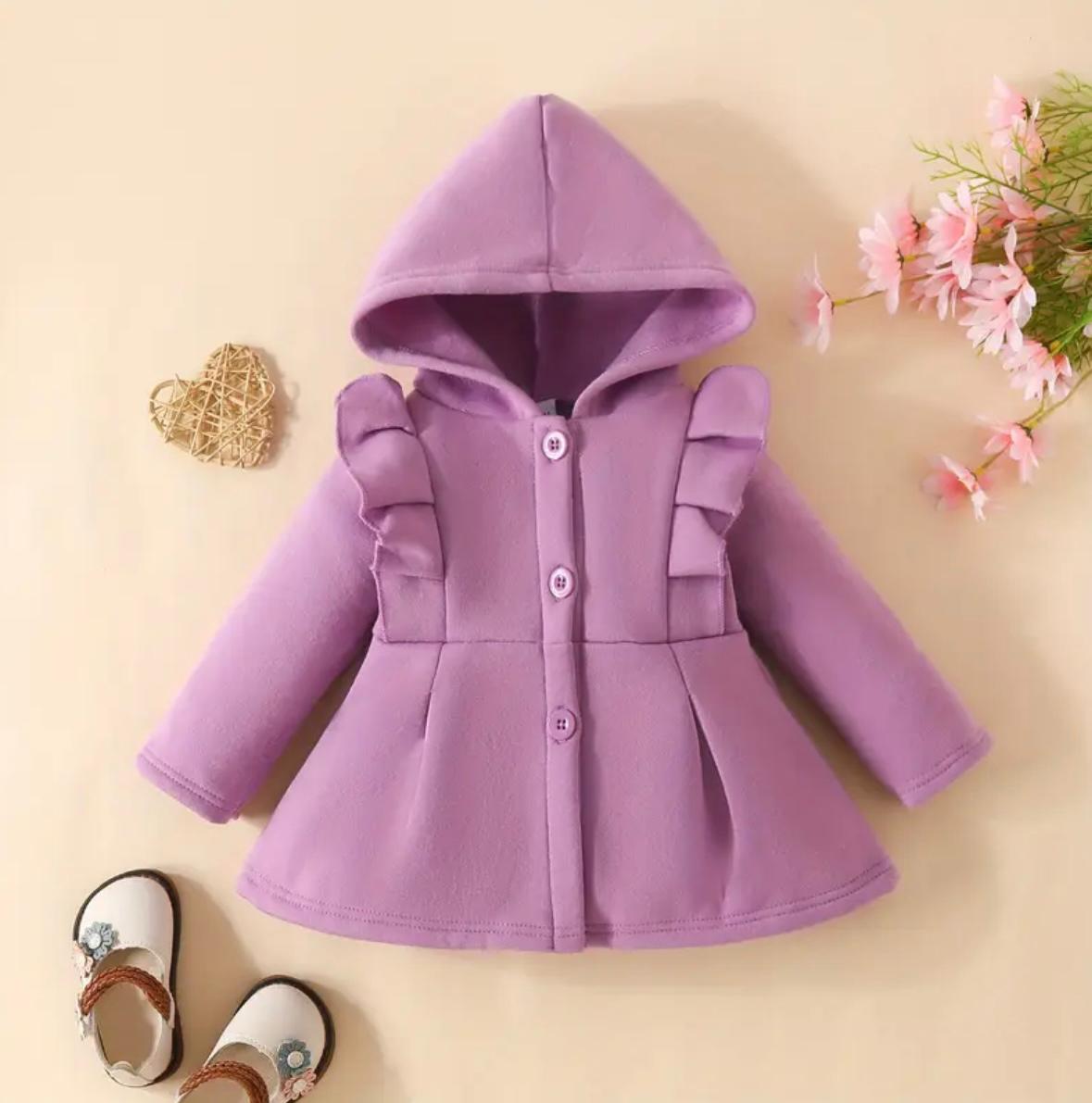 Kids purple button hoodie with hood, long sleeves, and front button placket