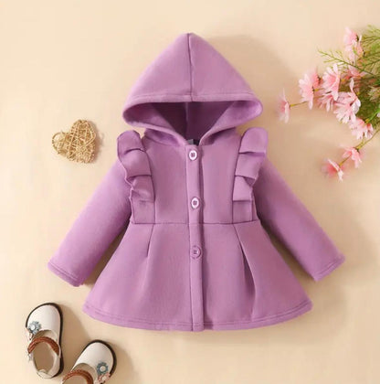 Kids purple button hoodie with hood, long sleeves, and front button placket