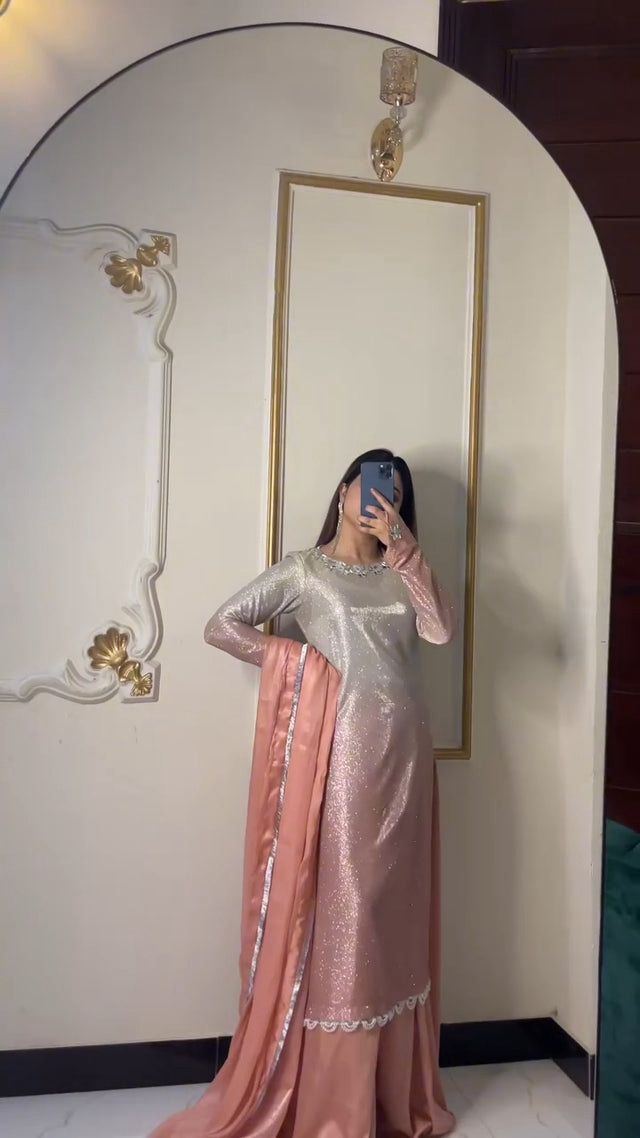 Silver and pink 3-piece ethnic outfit with long embroidered dress and draped dupatta