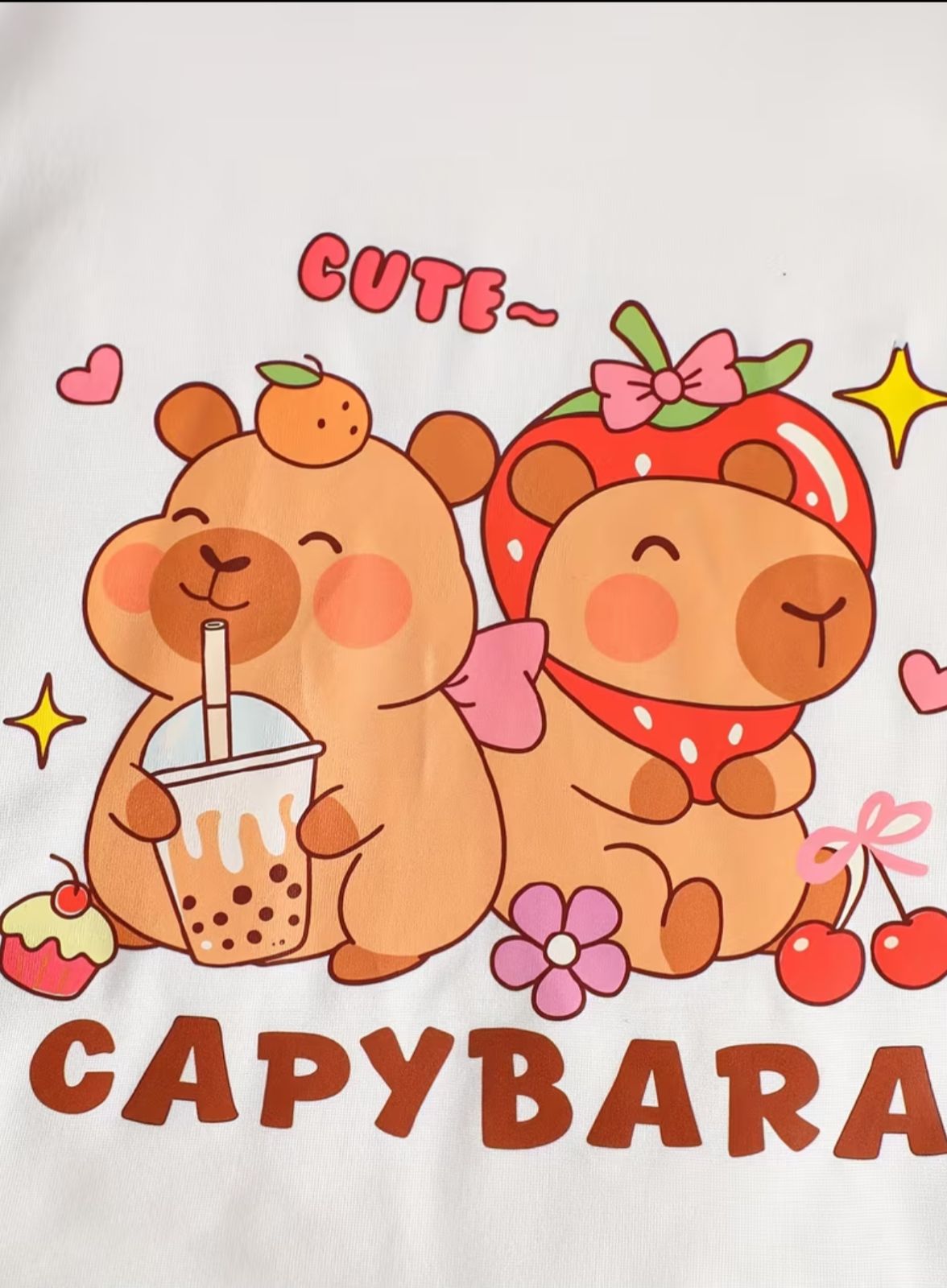 Kids capybara graphic T-shirt, white with colorful capybara and CAPYBARA text
