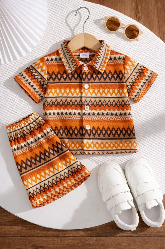 Boys boho geometric stand-collar button shirt and elastic-waist shorts set