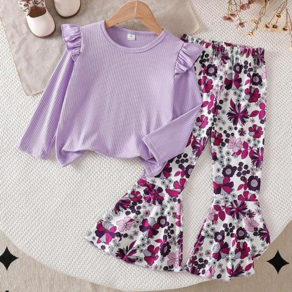Lilac long-sleeve top with ruffled shoulders and matching floral flare pants set