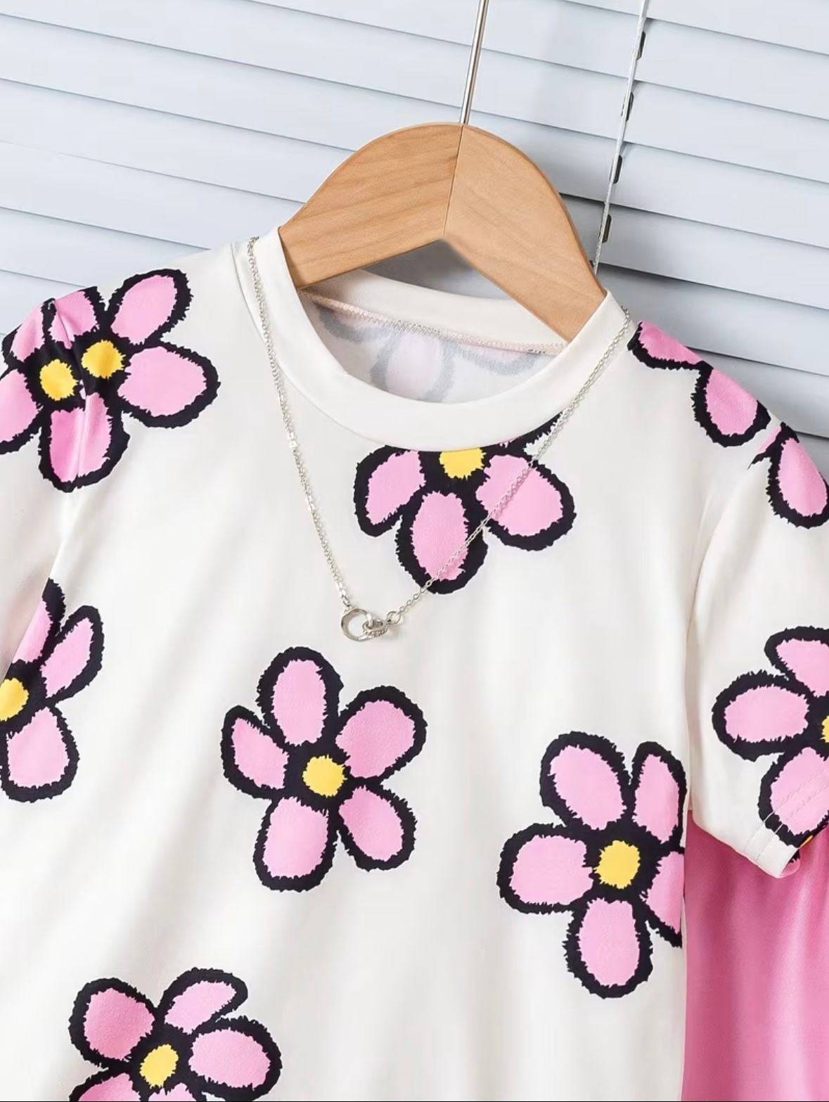 Floral short-sleeve top, white with pink and purple flower prints