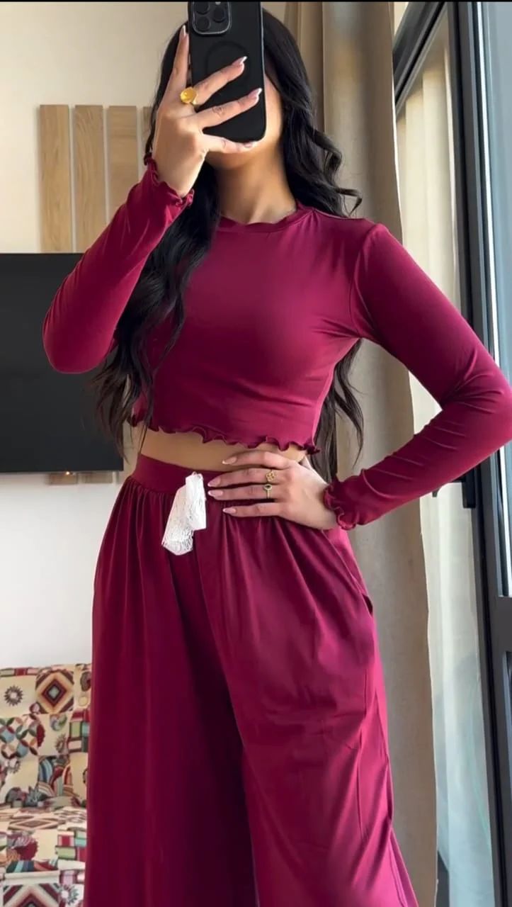Maroon long-sleeve crop top with matching wide-leg loungewear pants and drawstring