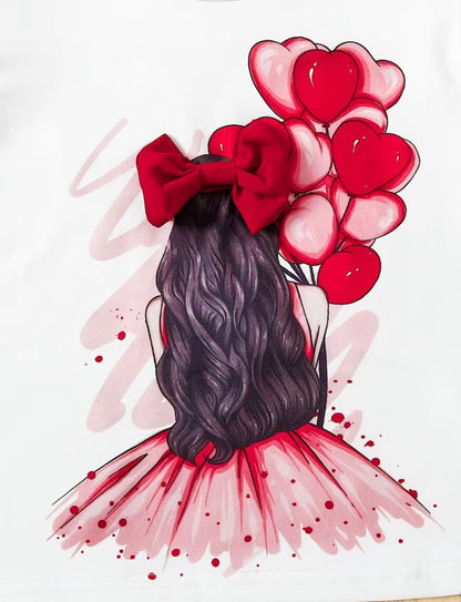 Girls white graphic T-shirt with red bow and heart balloons