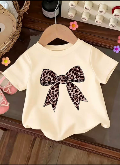 Girls beige bow T-shirt with leopard-print bow at the front