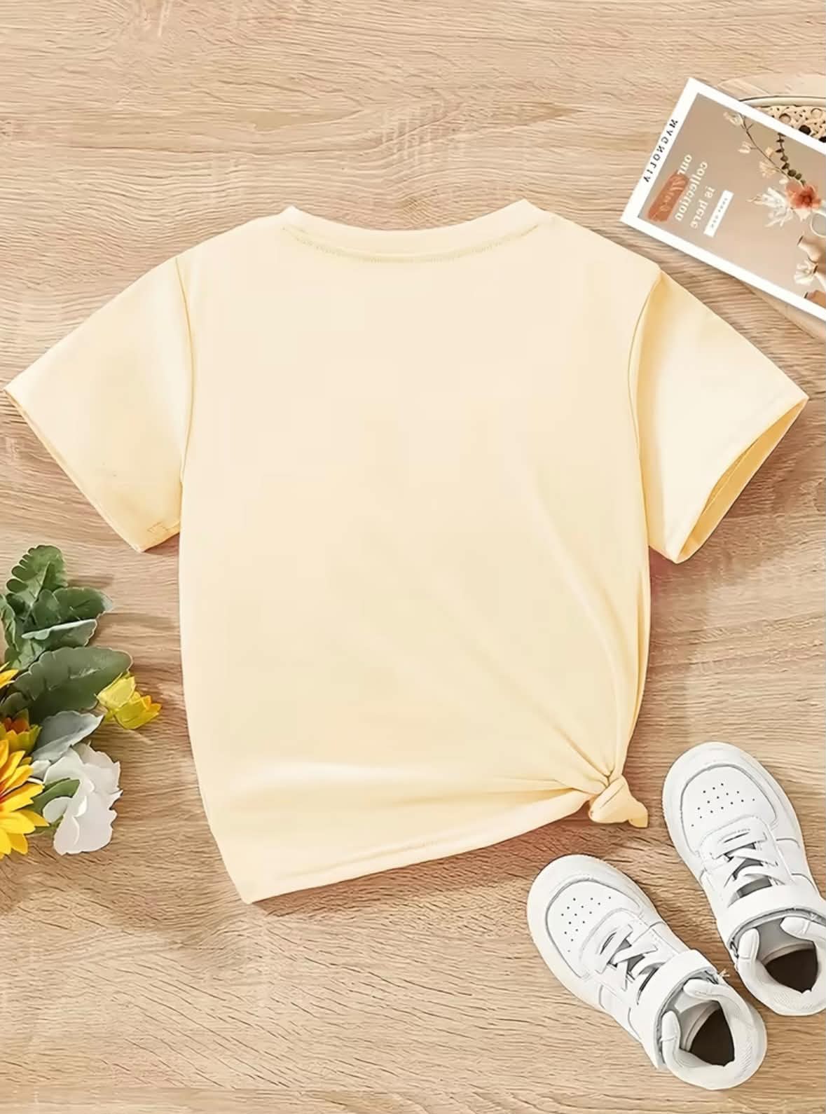 Girls beige knot-hem T-shirt with short sleeves