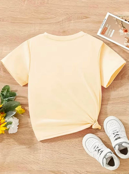 Girls beige knot-hem T-shirt with short sleeves