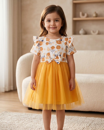 Girls yellow tulle princess dress with floral bodice, bow waist, flutter cap sleeves