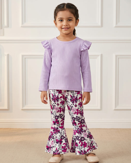 Kids long-sleeve top & floral flare pants set: lavender ruffle-shoulder top, multicolor bell bottoms