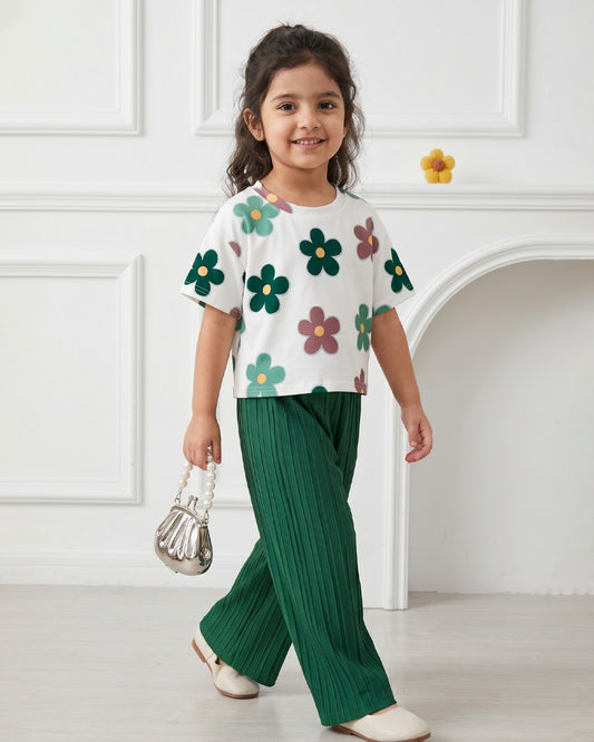 Girls floral print short-sleeve T-shirt and green textured wide-leg pants set