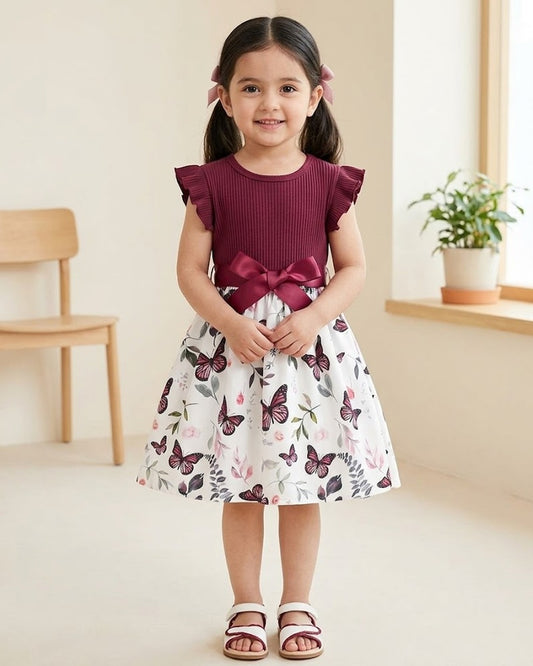 Girls sleeveless butterfly print dress with maroon ruffle top and bow belt