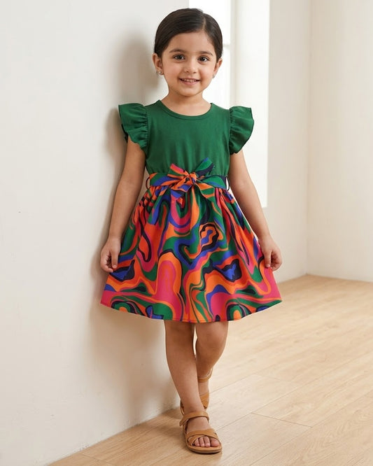 Green belted frock dress with multicolor swirl pattern and short puff sleeves