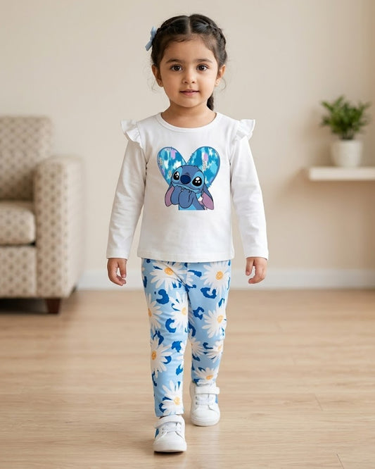 Girls Cartoon Heart Top & Floral Trouser Set