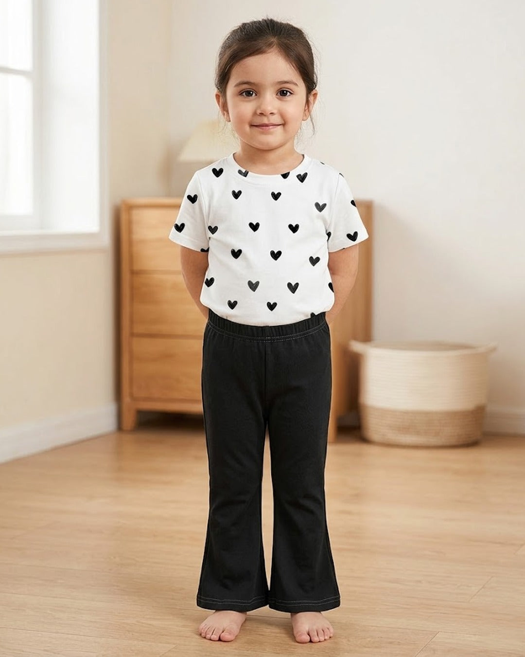 Heart print two-piece set: white shirt with black hearts, black pants