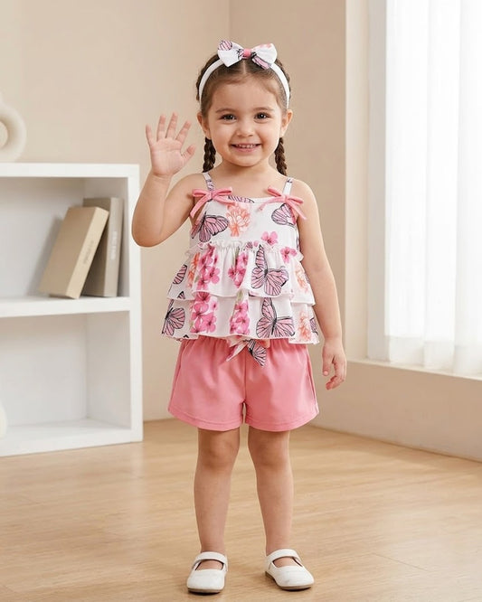 Girls ruffle-hem top and pink shorts set, pink floral butterfly print