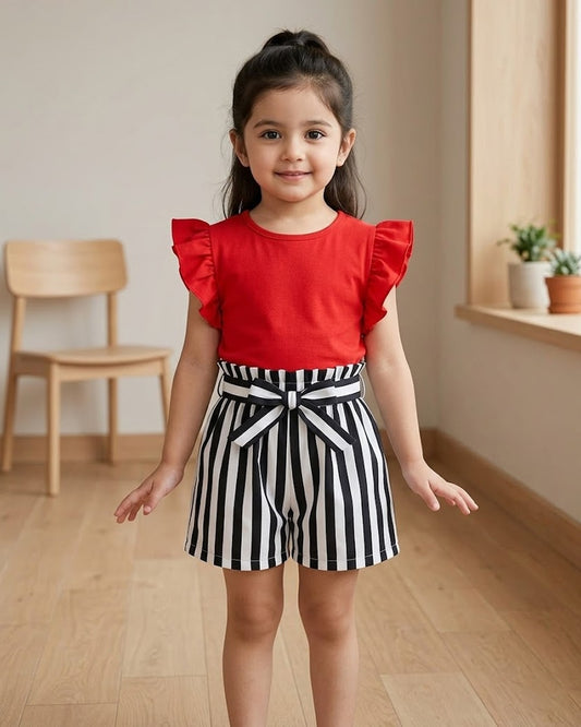 Baby girls' red ruffle-sleeve top with striped shorts in black and white