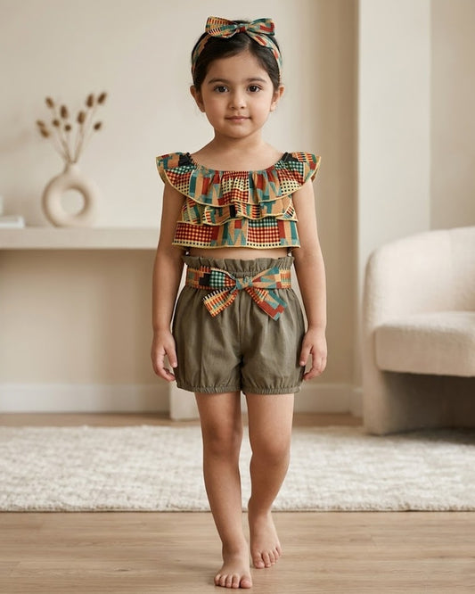 Girls geometric ruffle-edge cap-sleeve top with multicolor pattern and matching shorts, bow waist