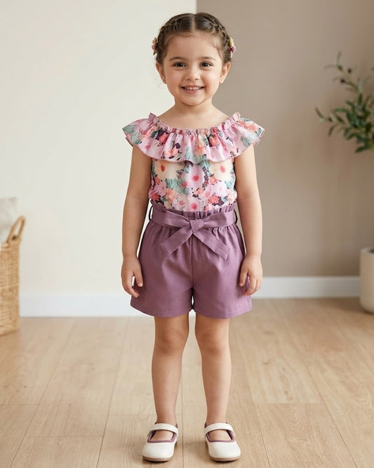 Girls' floral ruffle top and purple shorts set