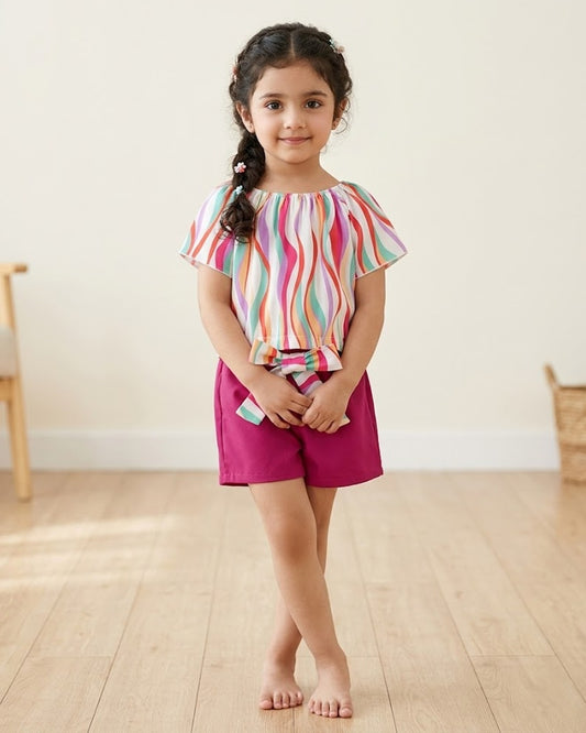 Kids rainbow striped off-shoulder short set with magenta shorts