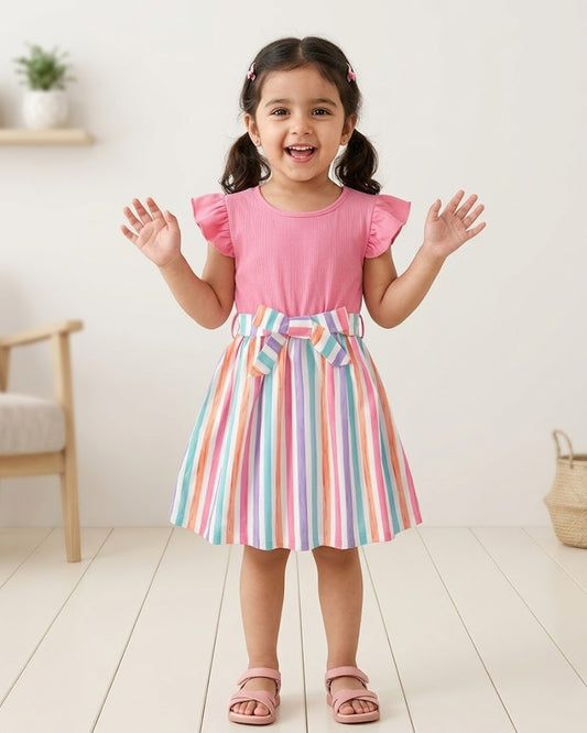 Pink baby girl dress with striped skirt, belt detail, short sleeves and round neck