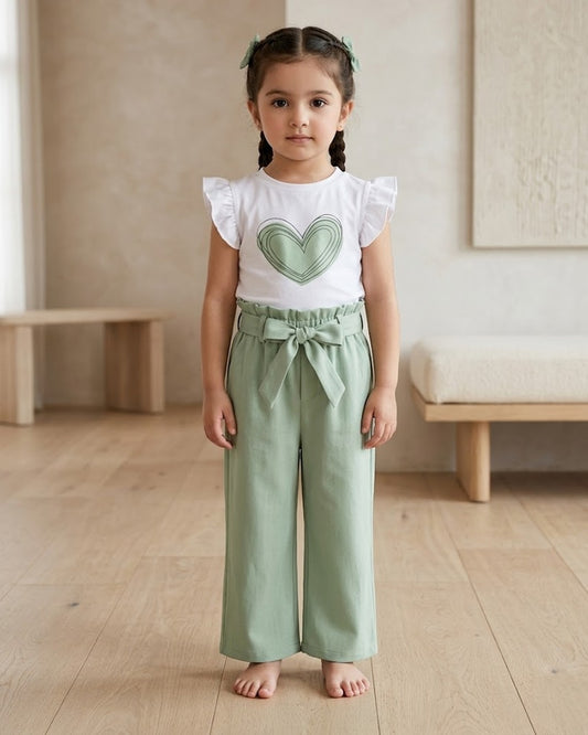 Kids' white heart top with ruffle sleeves and sage wide-leg pants with bow waist