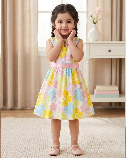 Girls' sleeveless floral dress with belt, pastel yellow, pink, and blue prints