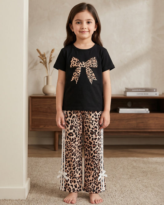 Girls co-ord set: black leopard bow T-shirt with matching leopard print pants