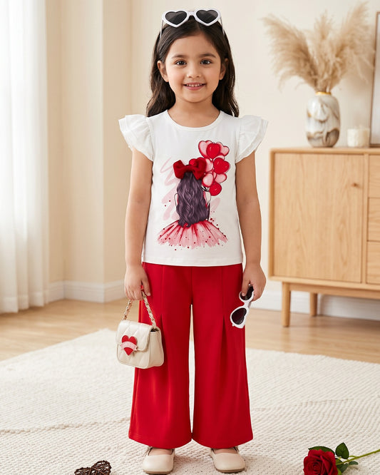 Girls' white graphic tee with red wide-leg pants