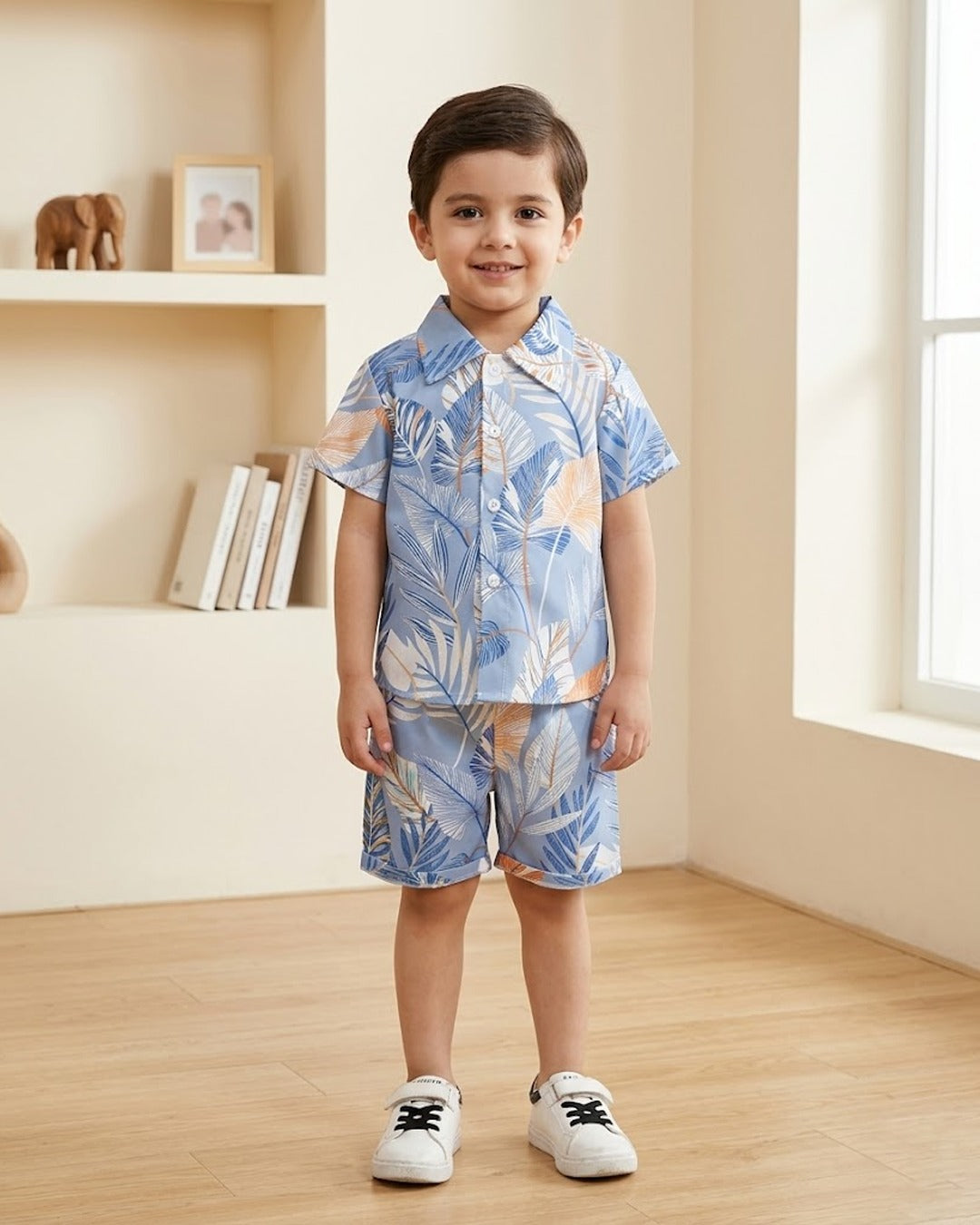 Kids blue floral short set with short-sleeve button shirt and matching shorts