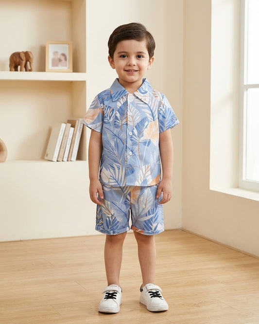 Kids blue floral short set with short-sleeve button shirt and matching shorts
