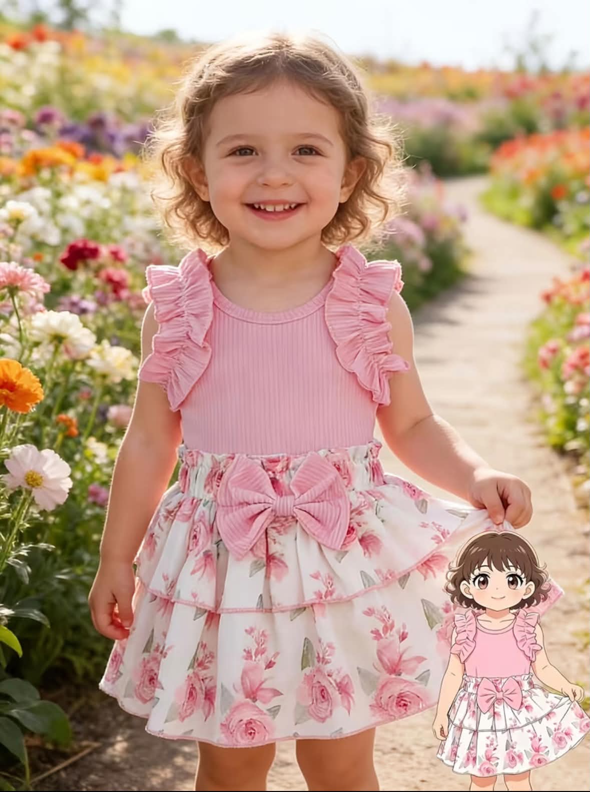Girls' pink dress set worn by child, ruffled shoulders and floral skirt