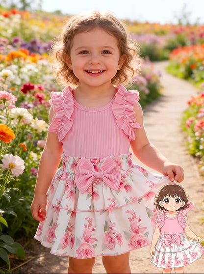 Girls' pink dress set worn by child, ruffled shoulders and floral skirt