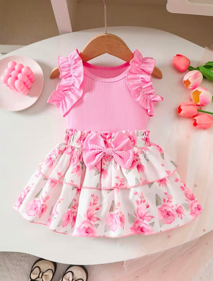 Girls' pink sleeveless dress set with ruffled bodice and gathered floral skirt