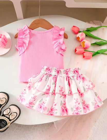 Girls' pink sleeveless dress set with bow waist and ruffled floral tiered skirt